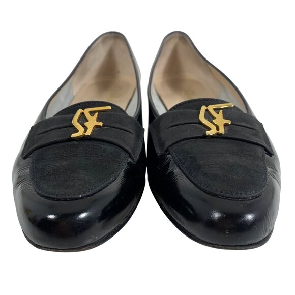 Salvatore Ferragamo Black Patent Leather Suede Loafers Flats Gold Logo SZ 6.5 B - Picture 2 of 12